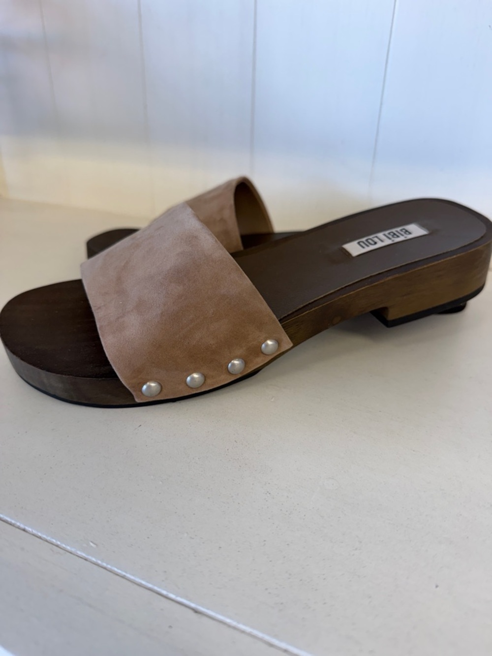 Anthropologie Taupe Suede Slide Sandals with Studs - Picture 3 of 5
